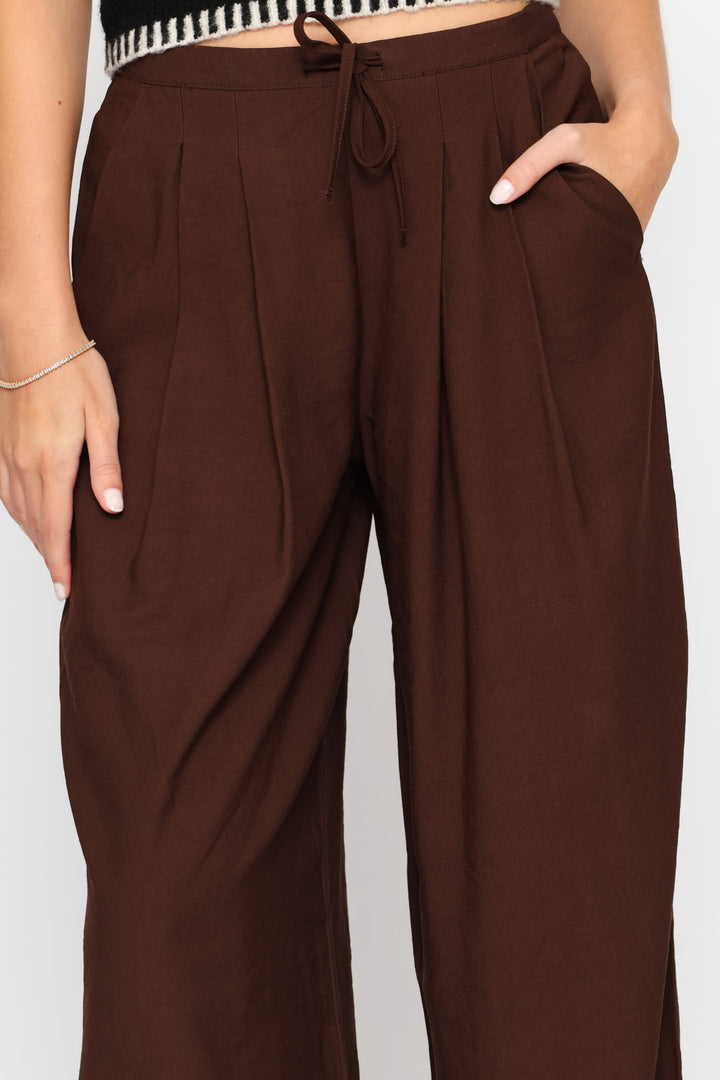 Tie Front Pleated Wide Leg Pants - Chocolate