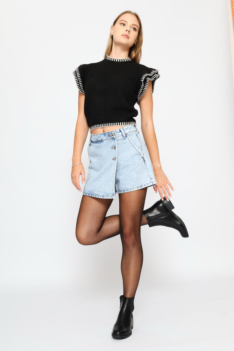 Button Detail Skort - Salty Mid Wash