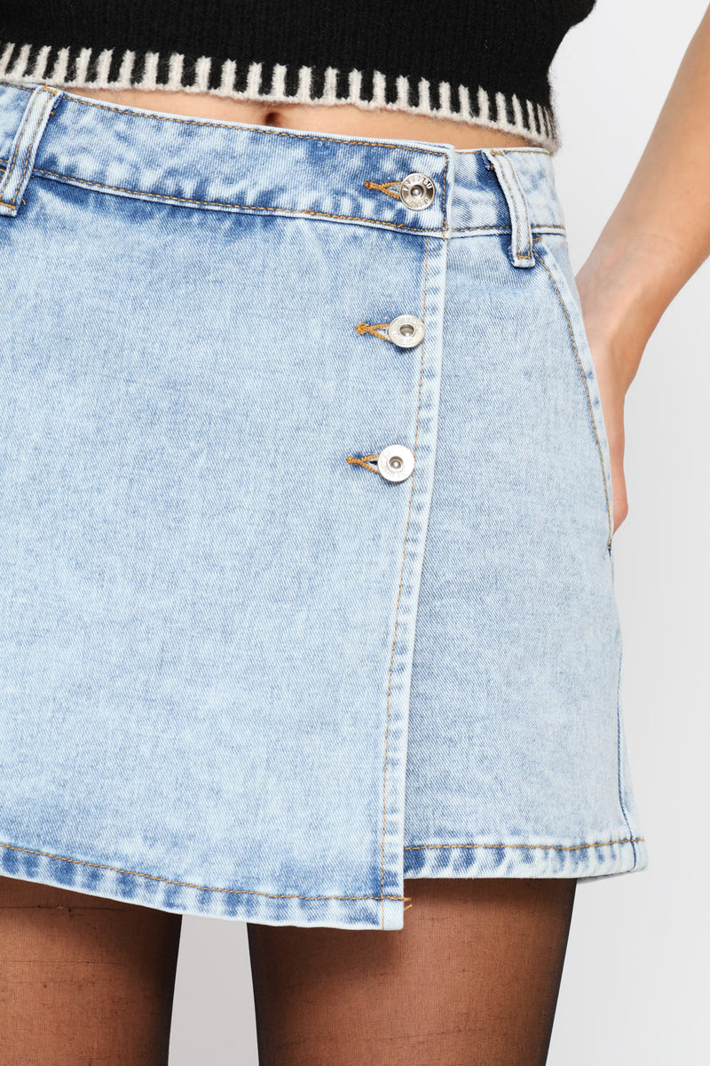 Button Detail Skort - Salty Mid Wash