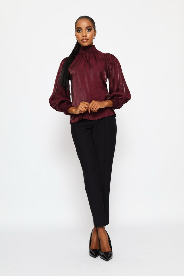 Hi-Neck Shirred Metallic Blouse - Plum
