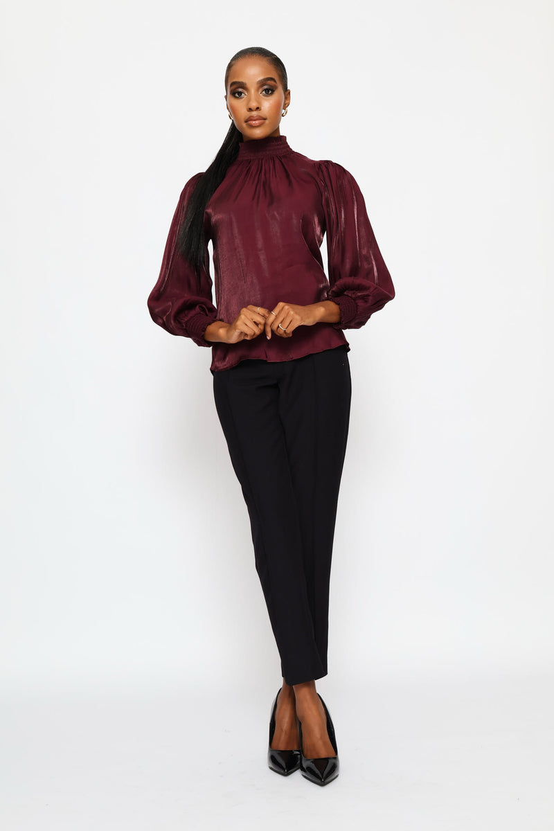Hi-Neck Shirred Metallic Blouse - Plum