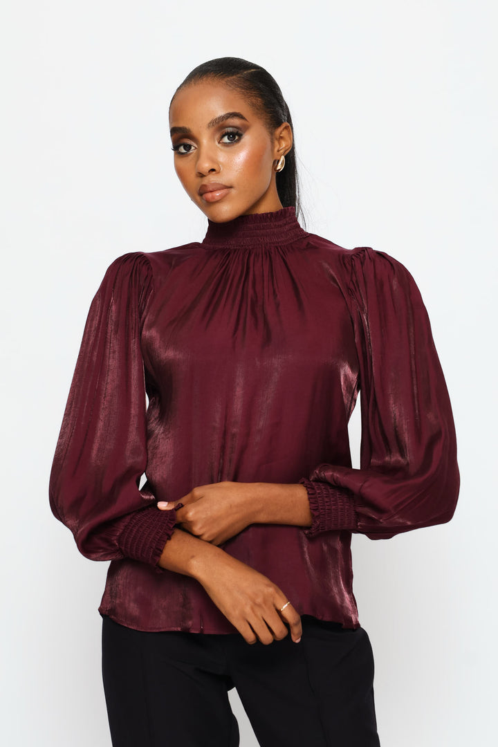 Hi-Neck Shirred Metallic Blouse - Plum