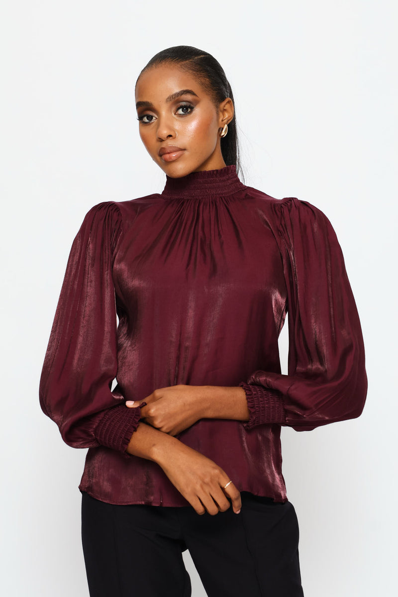 Hi-Neck Shirred Metallic Blouse - Plum
