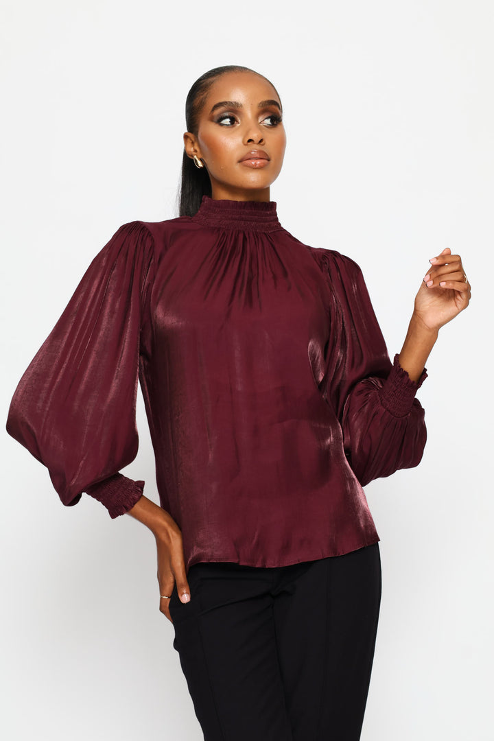 Hi-Neck Shirred Metallic Blouse - Plum