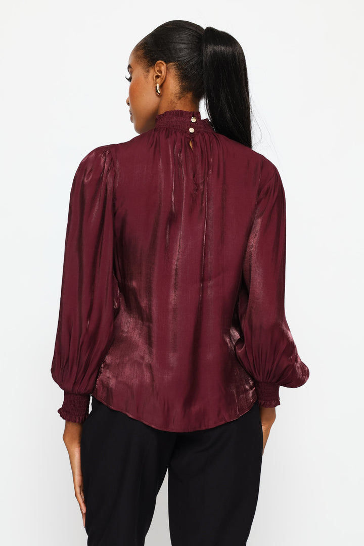 Hi-Neck Shirred Metallic Blouse - Plum