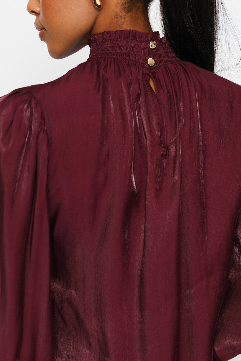 Hi-Neck Shirred Metallic Blouse - Plum