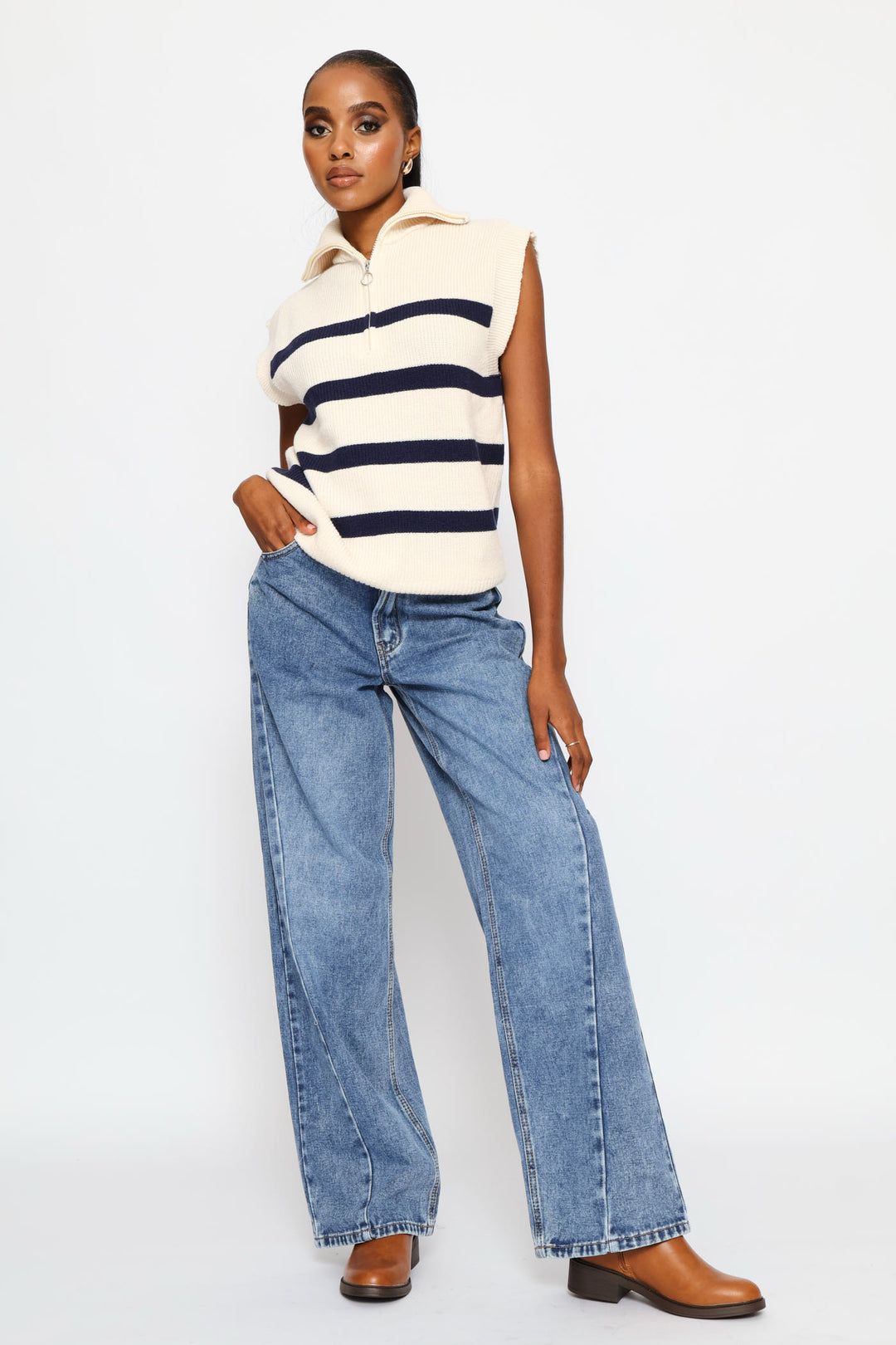 Quarter Zip Oversized Funnel Neck Knitwear Top - Cream/Navy