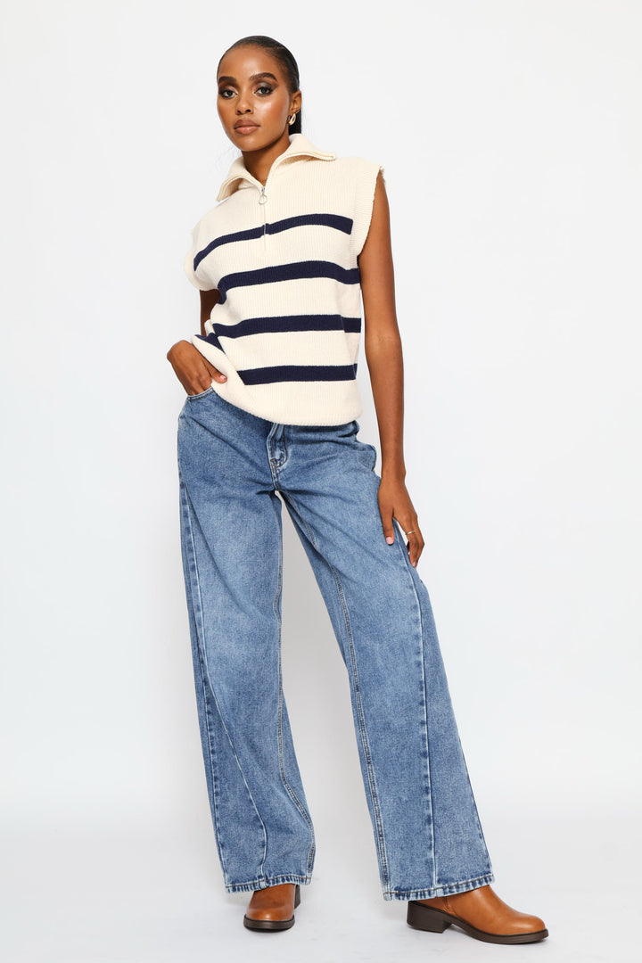 Quarter Zip Oversized Funnel Neck Knitwear Top - Cream/Navy