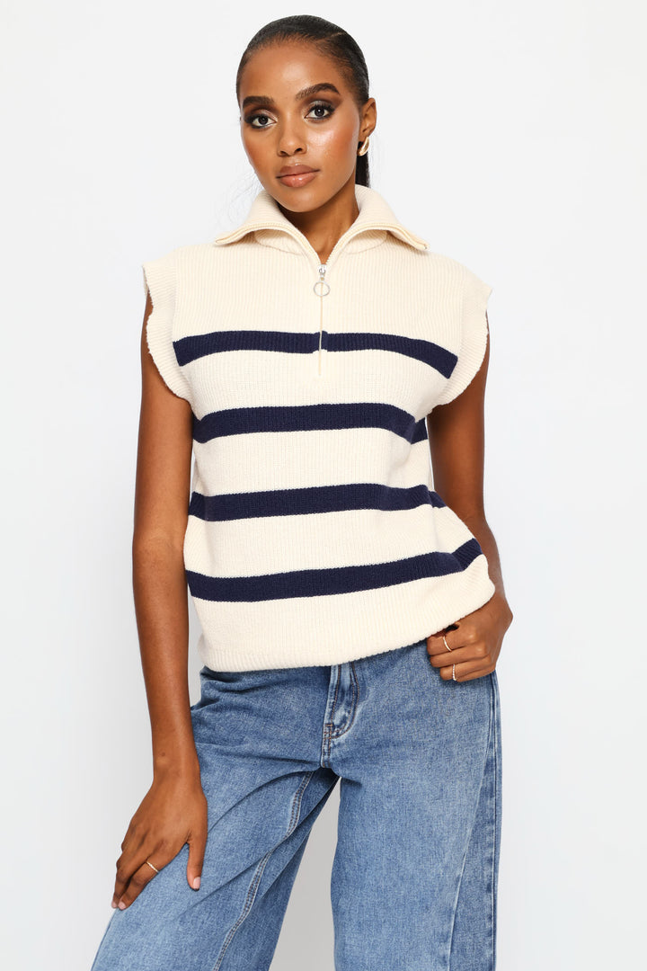 Quarter Zip Oversized Funnel Neck Knitwear Top - Cream/Navy