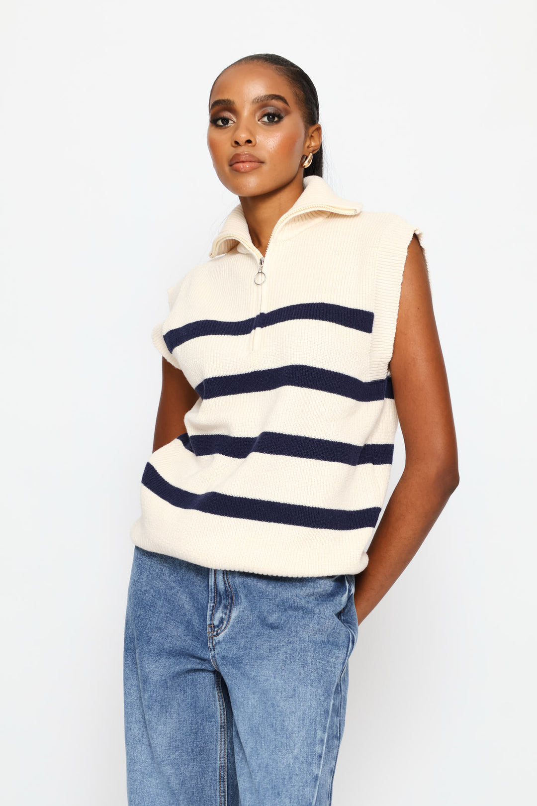 Quarter Zip Oversized Funnel Neck Knitwear Top - Cream/Navy