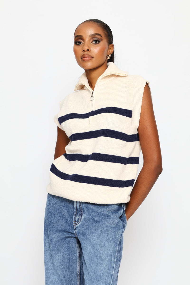 Quarter Zip Oversized Funnel Neck Knitwear Top - Cream/Navy