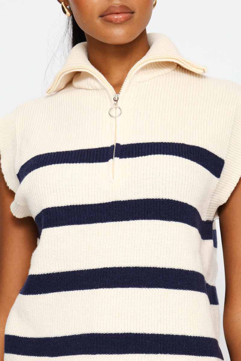Quarter Zip Oversized Funnel Neck Knitwear Top - Cream/Navy
