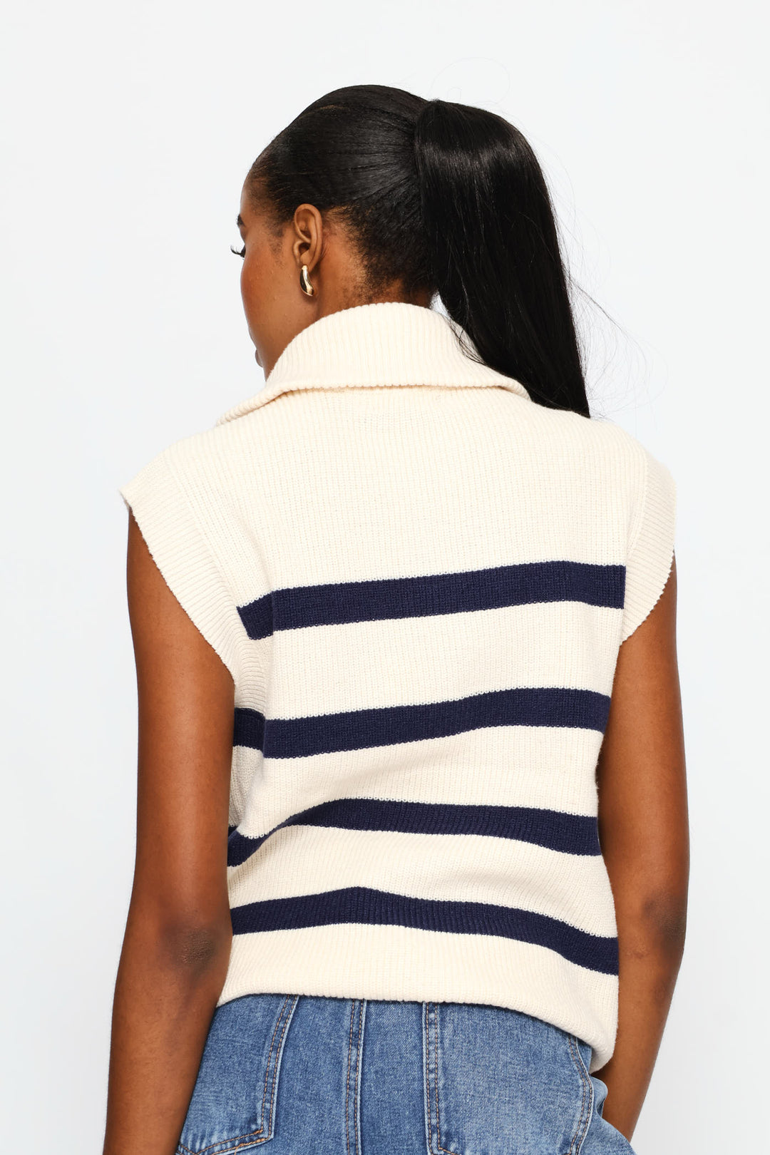 Quarter Zip Oversized Funnel Neck Knitwear Top - Cream/Navy