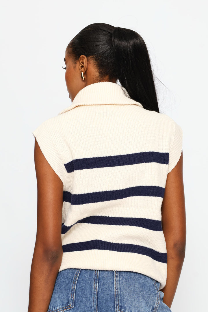 Quarter Zip Oversized Funnel Neck Knitwear Top - Cream/Navy
