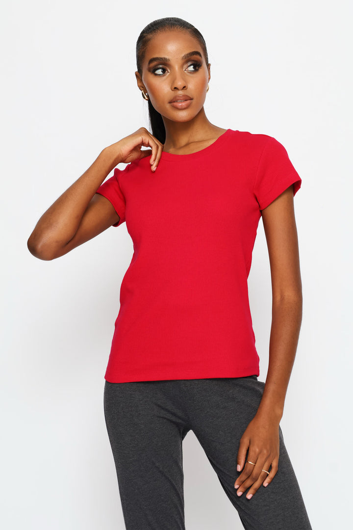 Rib Fitted Crew Tee - Cerise