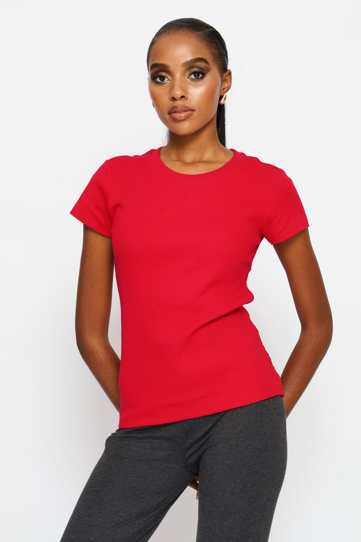 Rib Fitted Crew Tee - Cerise