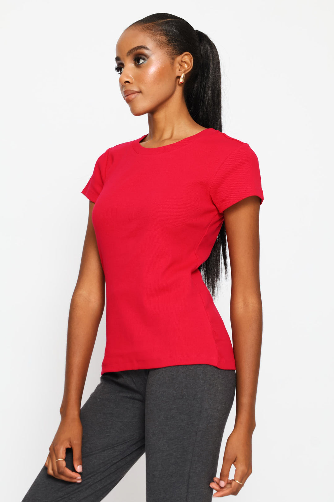 Rib Fitted Crew Tee - Cerise