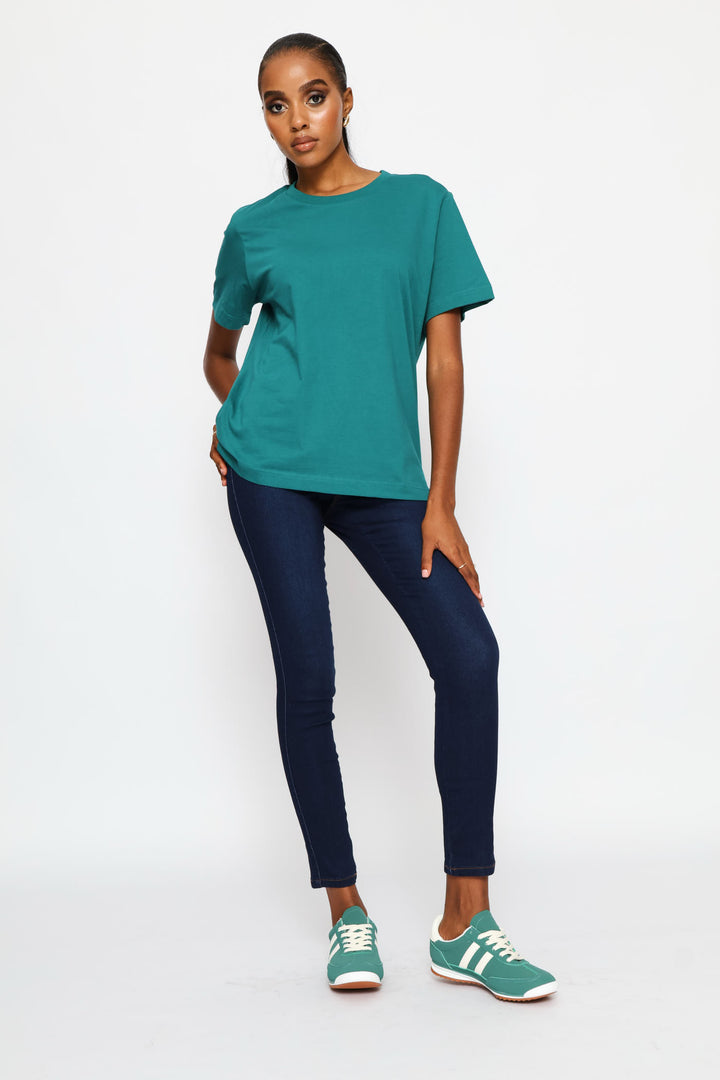 Rib Neck Cotton Boxy Tee - Teal
