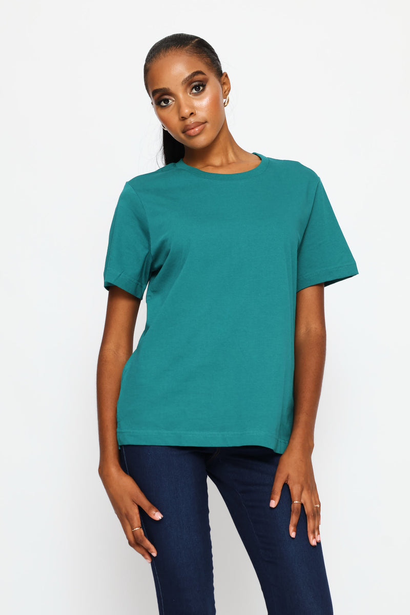 Rib Neck Cotton Boxy Tee - Teal