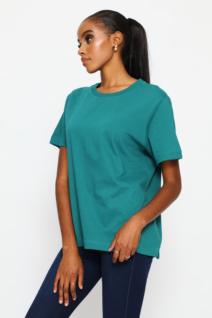 Rib Neck Cotton Boxy Tee - Teal