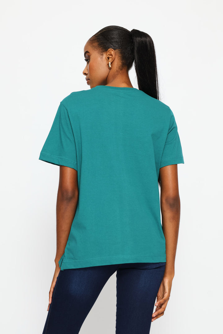 Rib Neck Cotton Boxy Tee - Teal