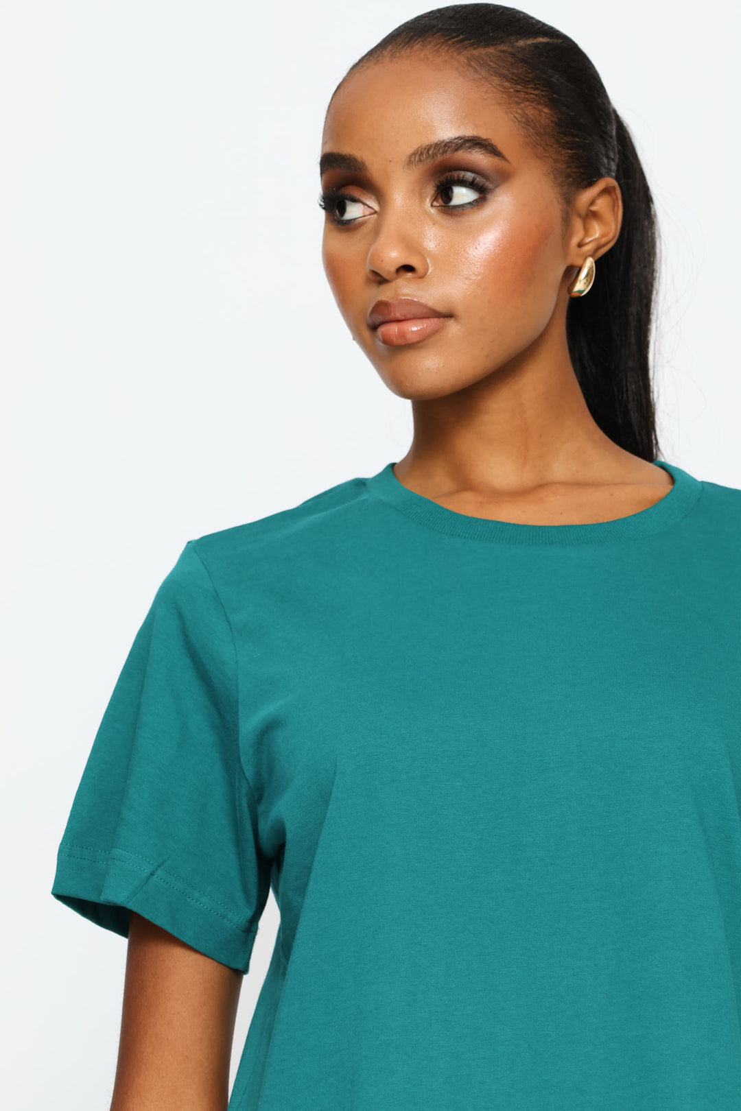 Rib Neck Cotton Boxy Tee - Teal