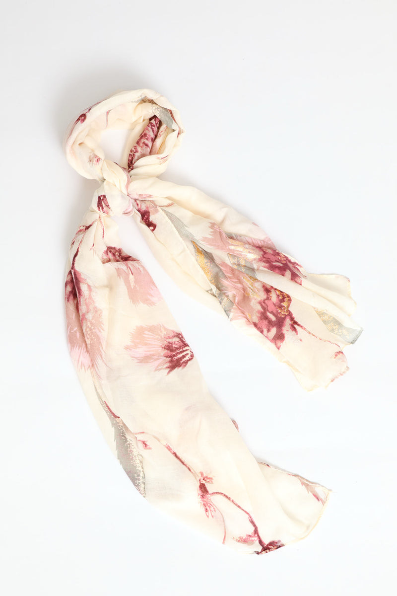 Foil Floral Print Light Weight Scarf - Cream