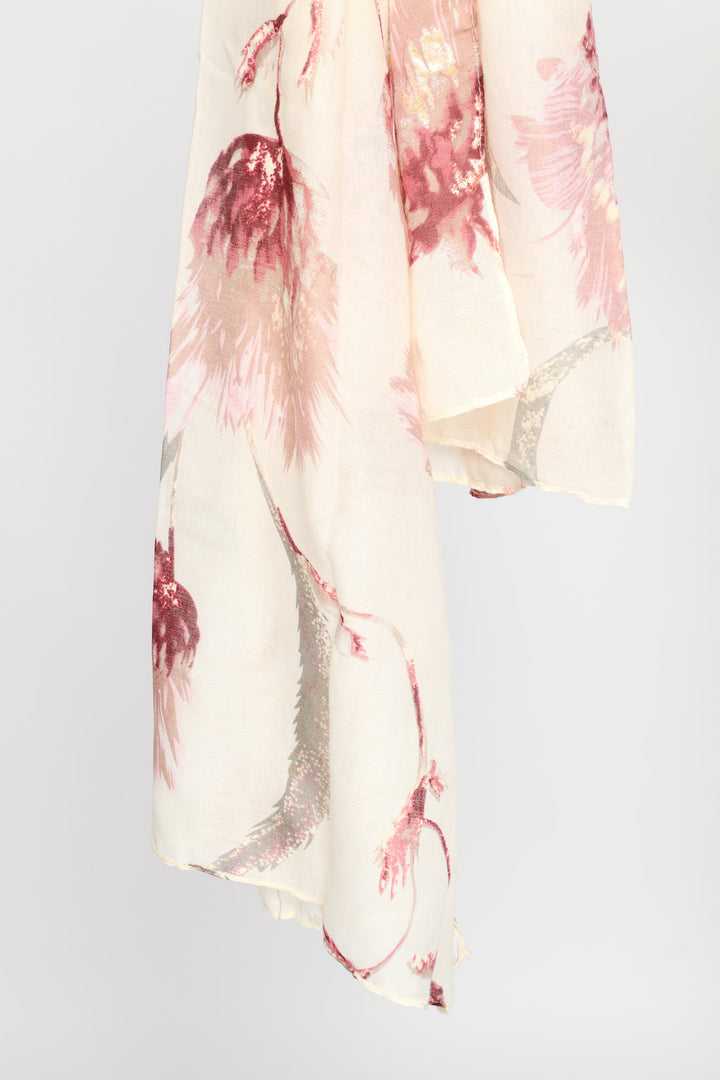 Foil Floral Print Light Weight Scarf - Cream