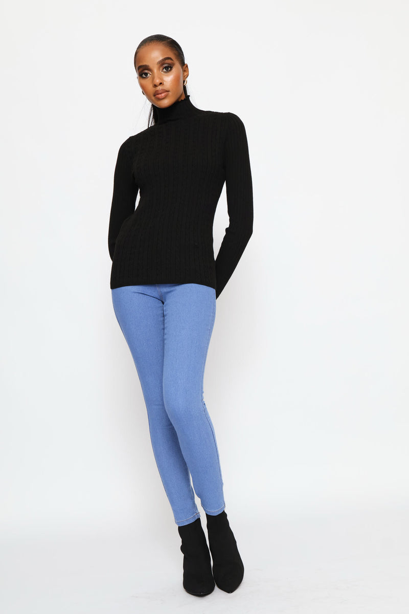 Plain Cable Turtleneck Knitwear - Black