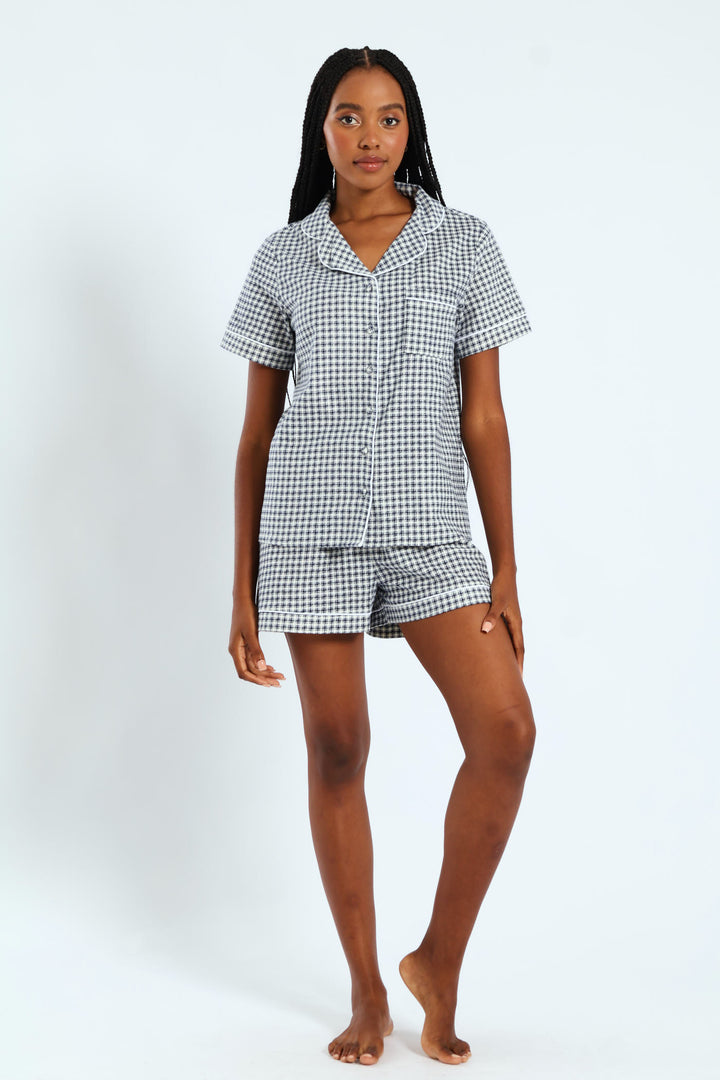 Check Flannel Button Through & Short Set - White/Navy