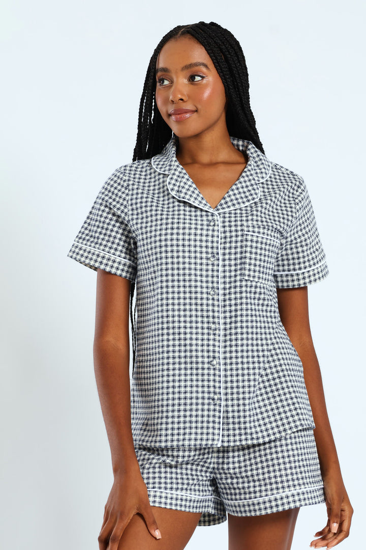 Check Flannel Button Through & Short Set - White/Navy