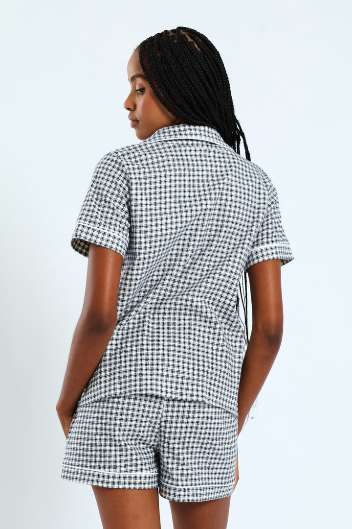 Check Flannel Button Through & Short Set - White/Navy