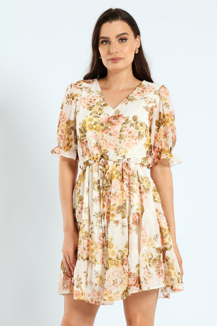 V-Neck Waisted Frill Hem Tea Dress - Blush