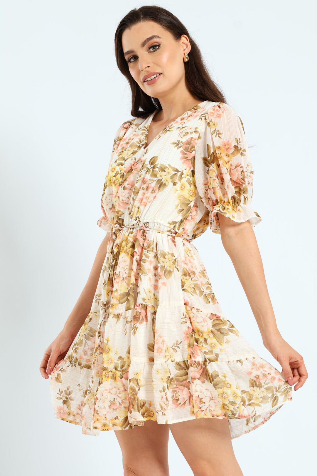V-Neck Waisted Frill Hem Tea Dress - Blush