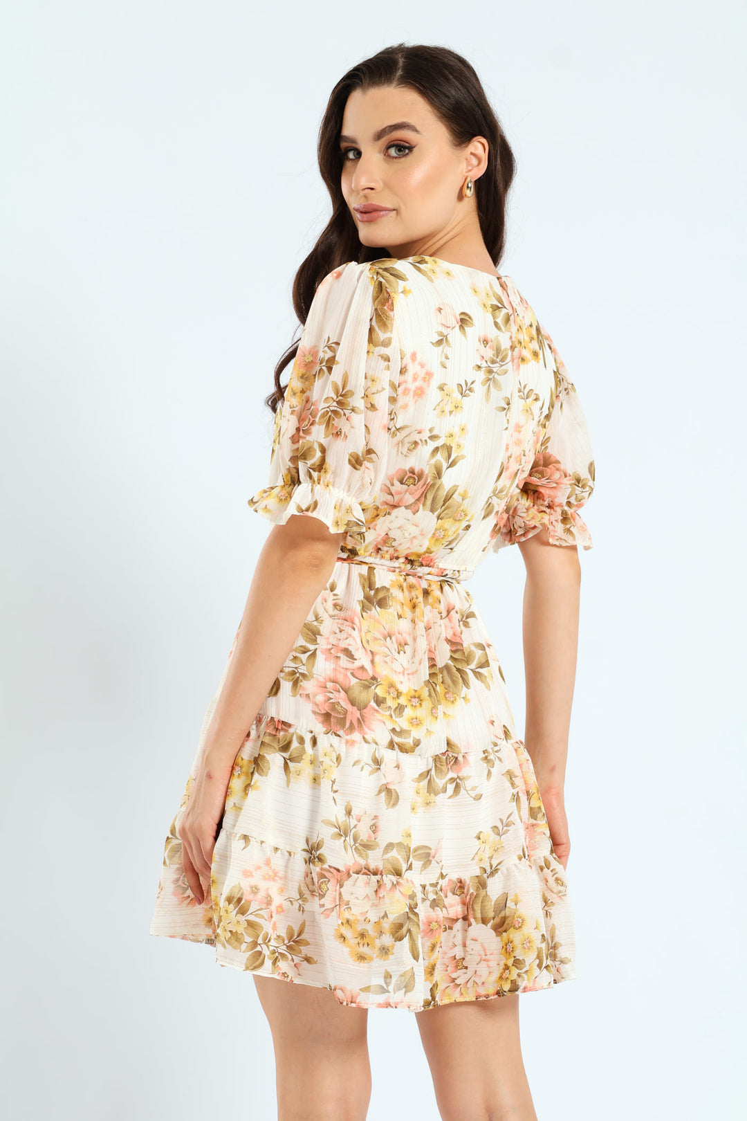 V-Neck Waisted Frill Hem Tea Dress - Blush