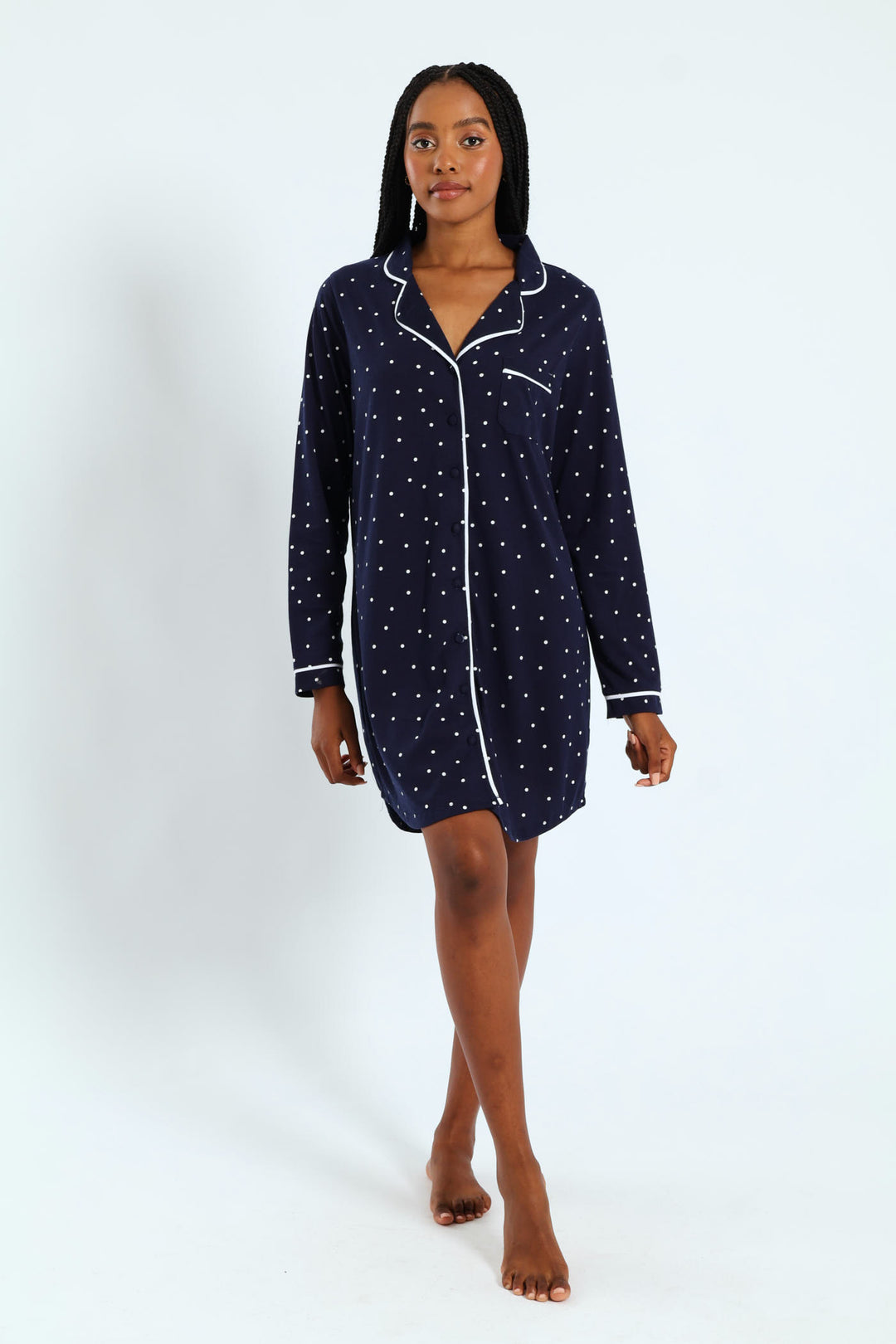 Long Sleeve Spot Knit Button Through Sleepshirt - Navy