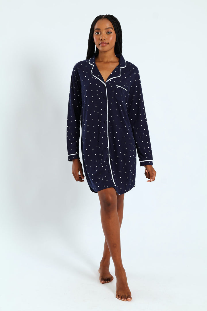 Long Sleeve Spot Knit Button Through Sleepshirt - Navy