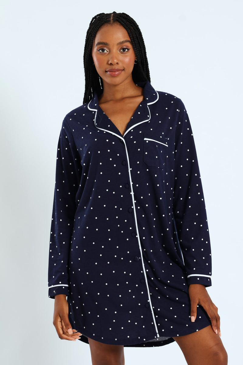 Long Sleeve Spot Knit Button Through Sleepshirt - Navy
