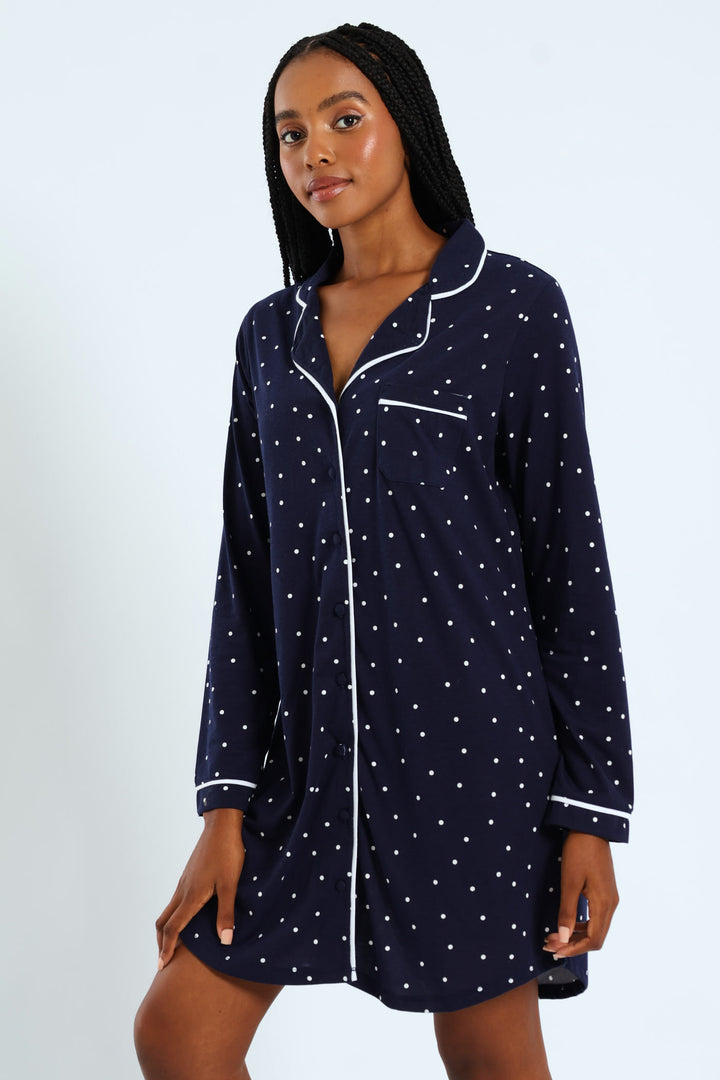 Long Sleeve Spot Knit Button Through Sleepshirt - Navy
