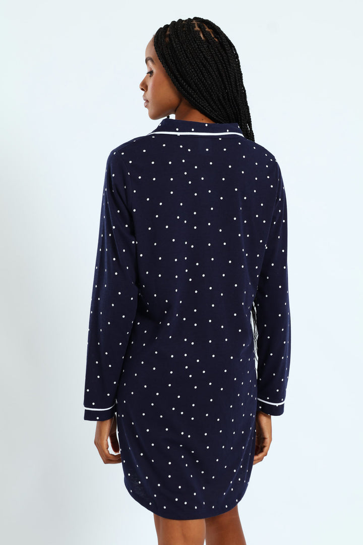 Long Sleeve Spot Knit Button Through Sleepshirt - Navy