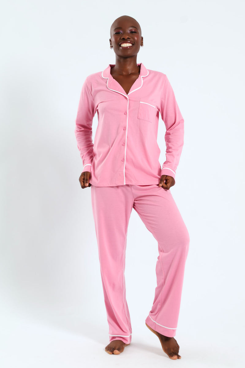 Ladies Long Sleeve Button Through & Knit Pant Set - Dusty Pink