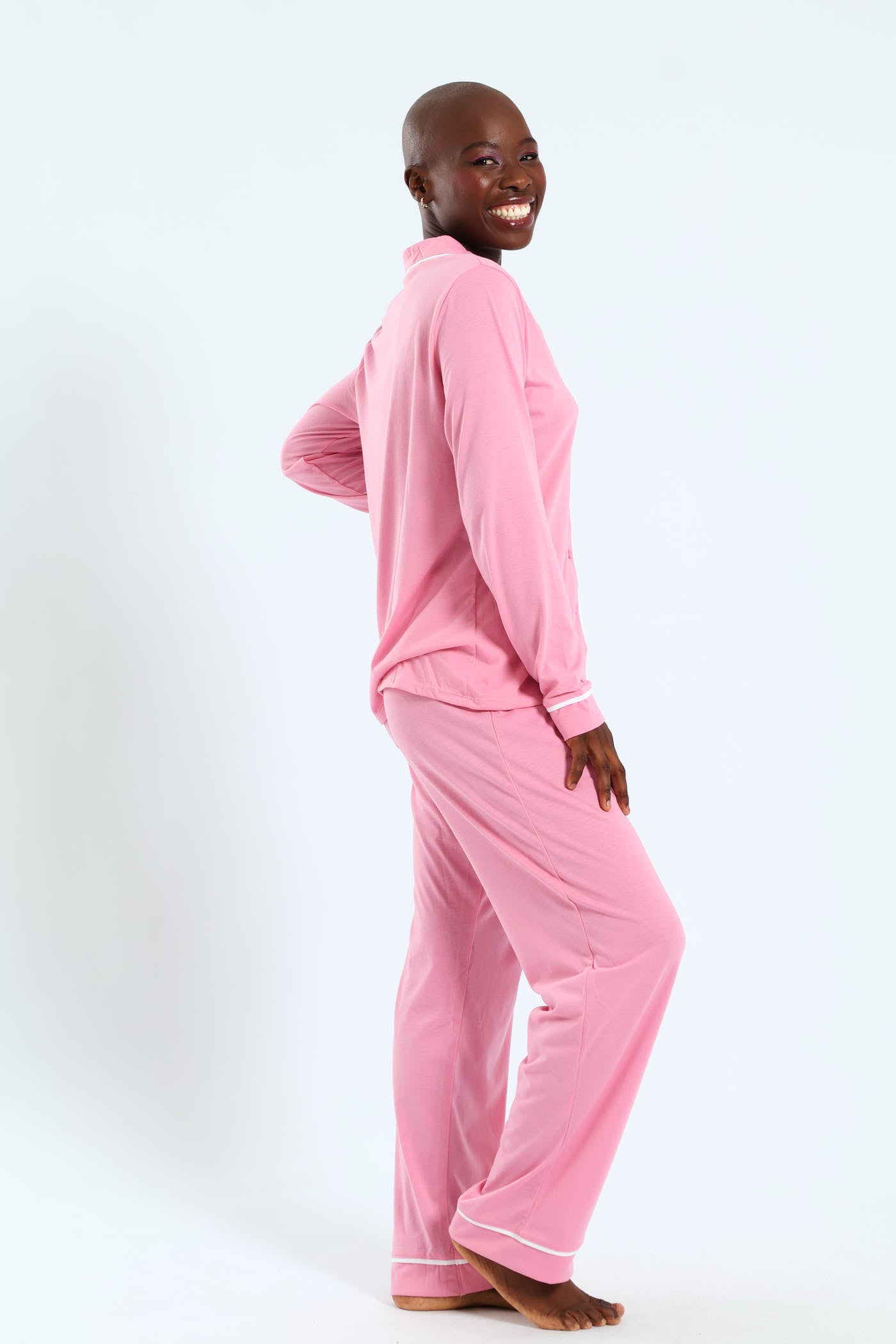 ROSIER DreamPajama Long Sleeve &pantsセット Ladies Long Sleeve Button Through & Knit Pant Set - Dusty Pink