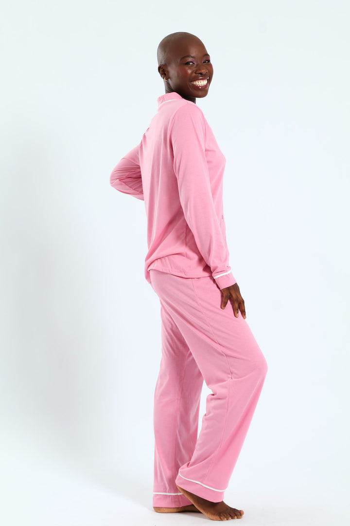 Long Sleeve Button Through & Knit Pant Set - Dusty Pink