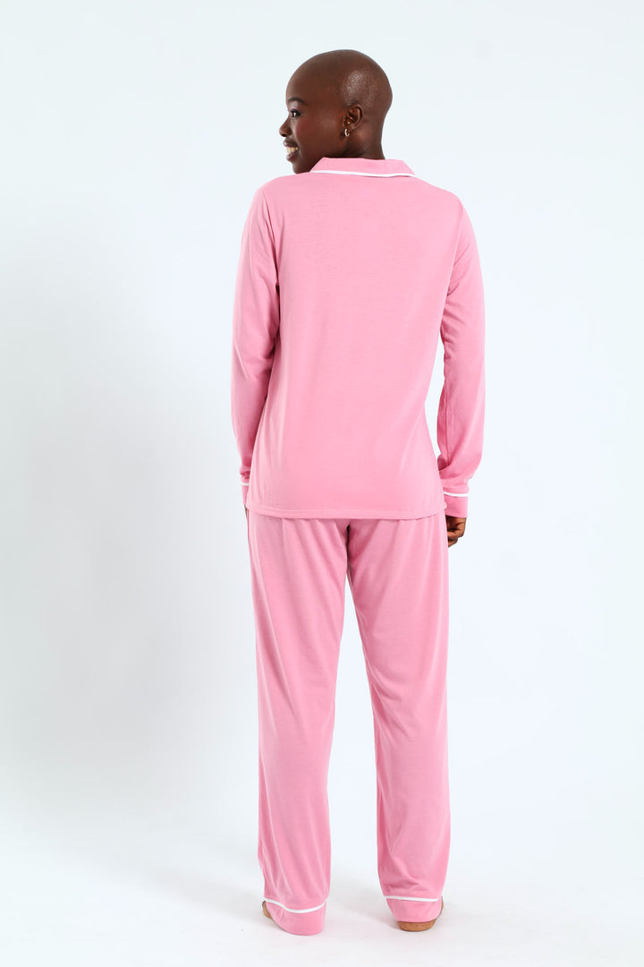Long Sleeve Button Through & Knit Pant Set - Dusty Pink