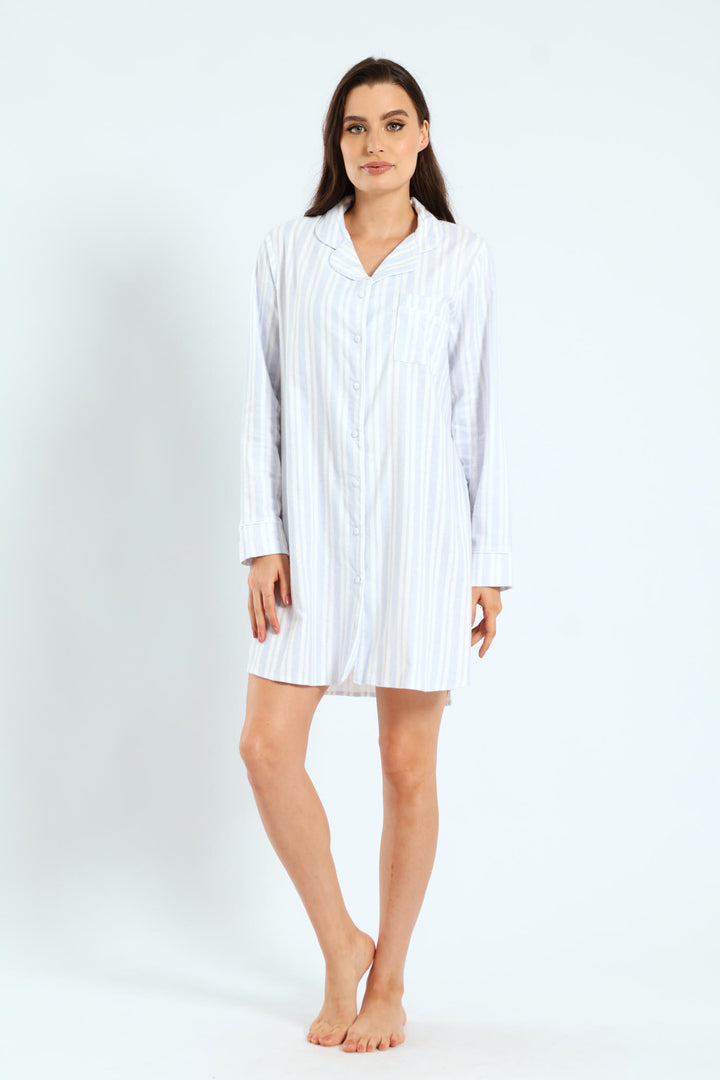 Long Sleeve Stripe Flannel Button Through Sleep Shirt - White/Blue