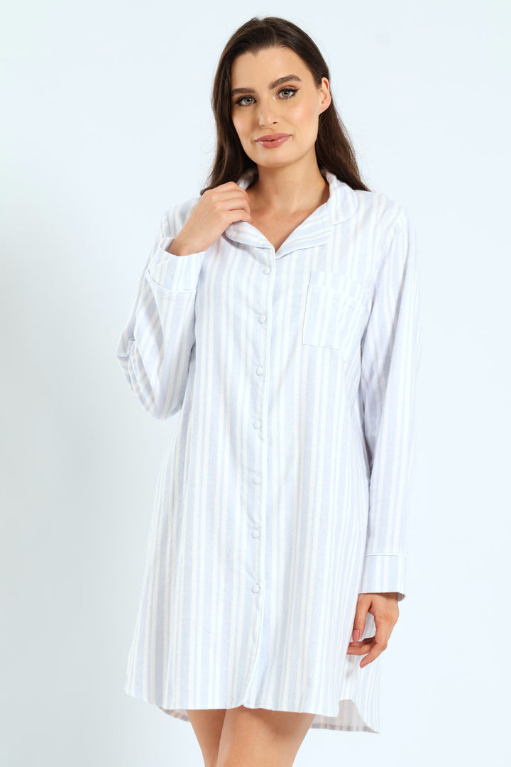 Long Sleeve Stripe Flannel Button Through Sleep Shirt - White/Blue