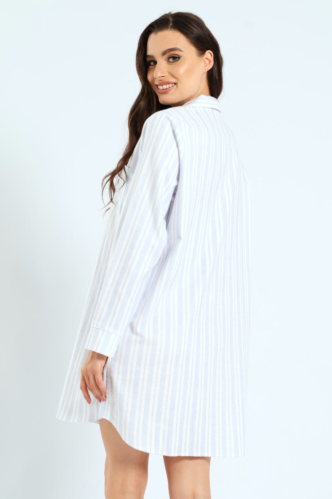 Long Sleeve Stripe Flannel Button Through Sleep Shirt - White/Blue