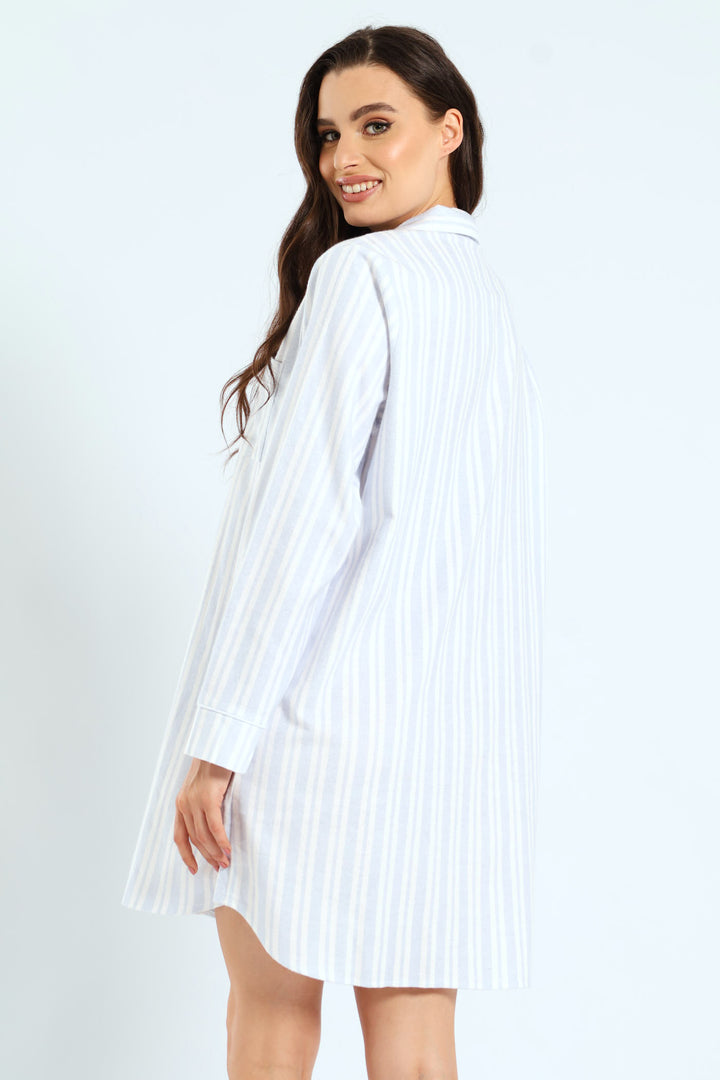 Long Sleeve Stripe Flannel Button Through Sleep Shirt - White/Blue