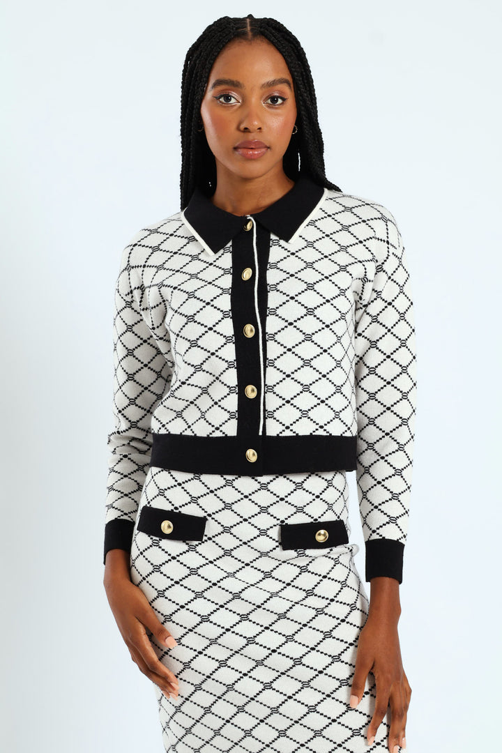 Contrast Tipped Styled Cardigan - Cream