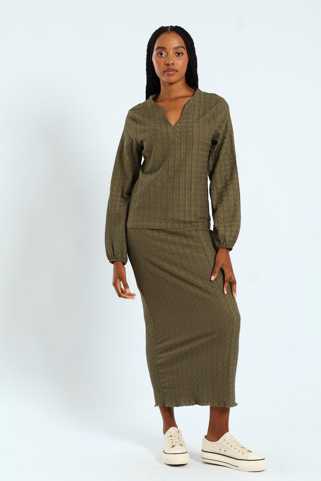 Crinkle Henley Top - Army Green